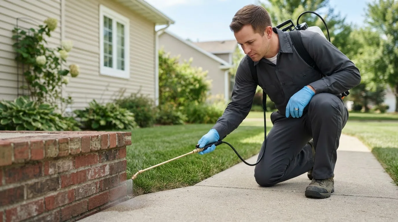 Pest control technician treating a home near Grand Rapids, MN